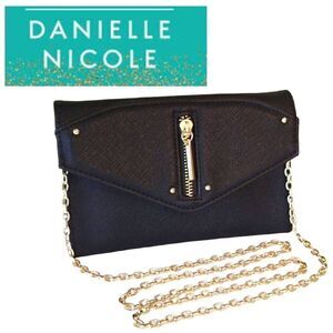 Danielle Nicole Black Vegan Gold Accent Evening Envelope Clutch with Chain